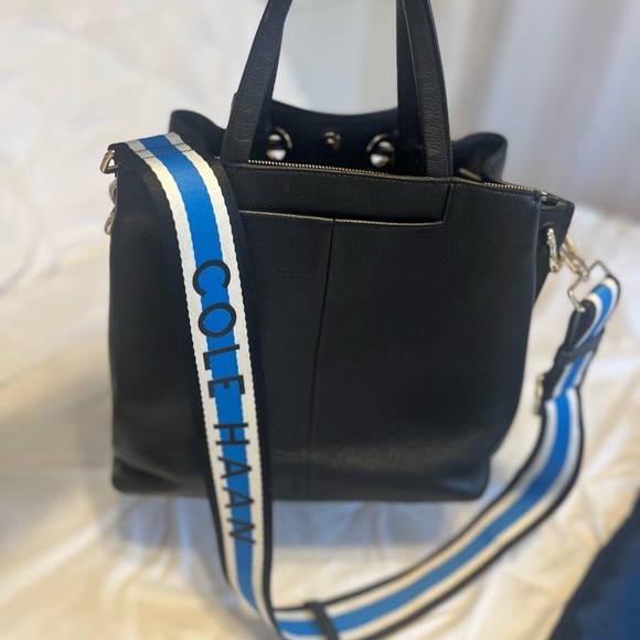 Cole Haan Black Pebble Leather Satchel with Blue Accent strap - Picture 3 of 7